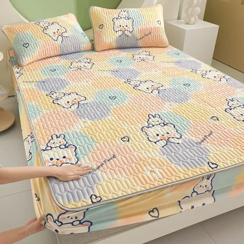 Vista 20 de FCLDESHOP Sábanas de bolsillos profundos, sábana bajera con estampado de látex fresco grueso de verano, protector de colchón de animé de dibujos