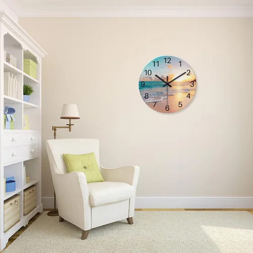 Vista 2 de Reloj de pared de playa con pilas, reloj de pared de vidrio de 12 pulgadas, analógico, sin tictac, relojes de pared azules para dormitorio, sala