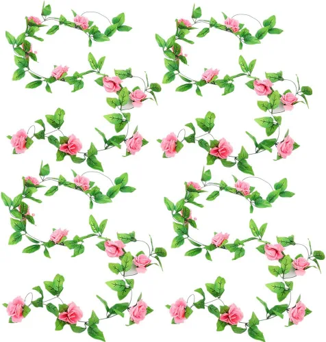 Vista 11 de Zhiheng Paquete de 4 vides de rosas artificiales de 7.8 pies con hojas verdes, flores falsas, plantas colgantes de jardín, guirnalda de vid