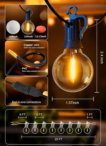 Vista 7 de Guirnalda de luces para exteriores, 25 pies, 12 bombillas LED, IP65, impermeable, conectable, G40, luz de patio exterior para patio trasero, porche