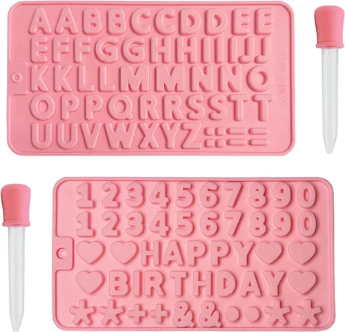Vista 9 de 2 moldes de chocolate con números y moldes de silicona de letras, con 2 cuentagotas, decoraciones de letras para tartas, moldes de silicona