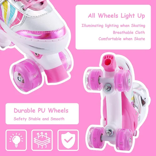 Vista 4 de Patines ajustables para niños y niñas, niños pequeños, jóvenes, color rosa, 4 tamaños, ajustables, para niños y niñas, para tallas 11J hasta
