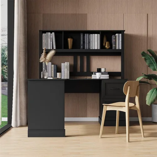 Vista 3 de Escritorio para computadora con gabinete, escritorio ejecutivo de madera, escritorio para computadora para estudiantes, con estantes