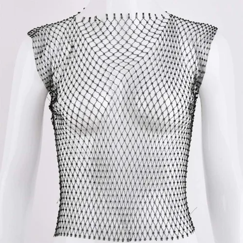 Vista 6 de FlyCC Women Sexy Mesh Tank Tops Rhinestone Glitter See Through Hollow Out Crop Tops for RavePartyClubwear