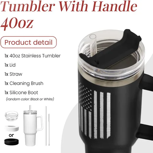 Vista 2 de SANDJEST Taza con bandera americana con asa, taza de café de acero inoxidable con aislamiento de 40 oz con tapa y pajita, regalos de América