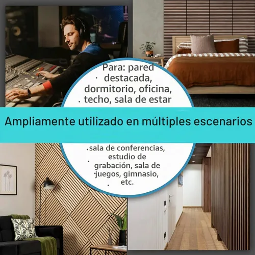 Vista 8 de 4 piezas de paneles acústicos de listones de madera, panel de pared de madera acanalada 3D absorbente de sonido para pared y techo, paneles Nogal
