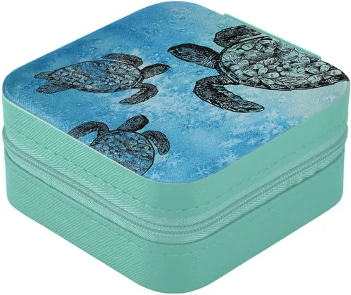 Vista 4 de WIRESTER Joyero de viaje de cuero a la moda, pequeño organizador de joyas portátil para anillos, aretes, collares, mujeres y niñas, tortuga marina