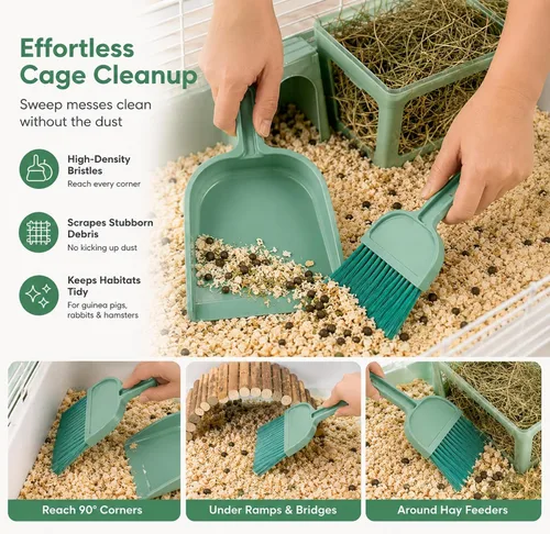 Vista 13 de Rypet Juego de mini recogedor y cepillo para limpieza de jaulas de mascotas pequeñas – Escoba de mano compacta para conejillo de indias, conejo