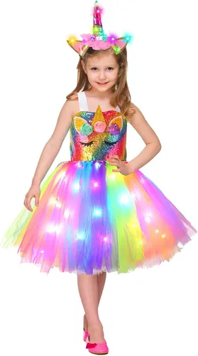 Vista 5 de Camlinbo Halloween Lighted Tutu Dress for Girls Unicorn Princess Dress with Headband Halloween Party Costume Girls 3-10 Years