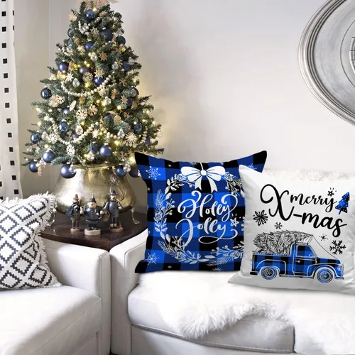 Vista 3 de Lanpn Juego de 4 fundas de almohada navideñas de 16 x 16 pulgadas, fundas decorativas de Navidad de 16 x 16 pulgadas, fundas de almohada a cuadros