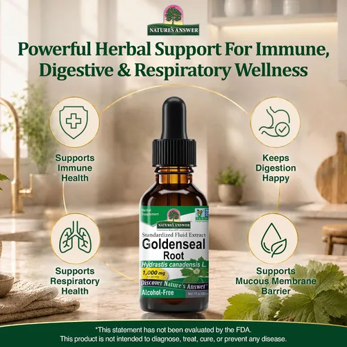 Vista 2 de Nature's Answer Goldenseal Root Suplemento a base de hierbas Apoya un sistema inmunológico saludable Sin gluten y sin alcohol 1 oz