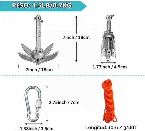 Vista 2 de BeGrit Ancla de kayak Anclaje de barco pequeño Anclaje marino plegable para pesca, kayak, tabla de remo, canoa, moto acuática, con bolsa de 1.5 lbs