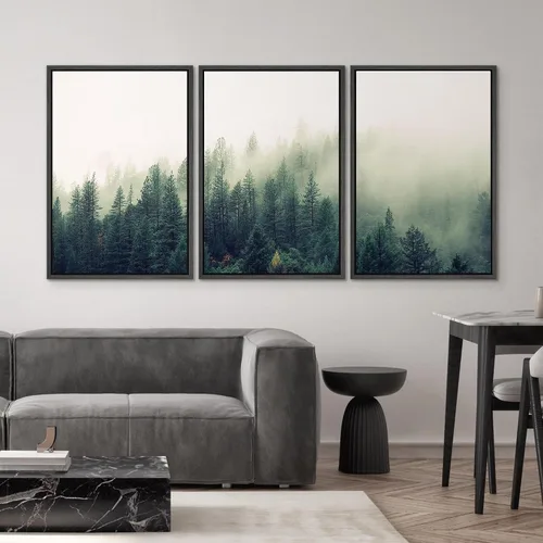 Vista 287 de SIGNWIN Lienzo enmarcado para pared, juego de arte pastel con cadena montañosa, bosque, niebla, naturaleza silvestre, ilustraciones modernas, arte