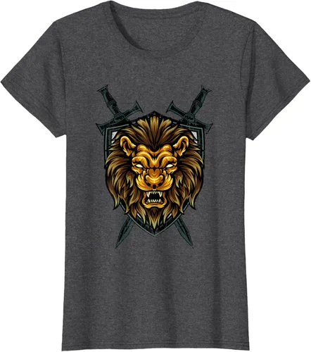 Vista 4 de Camiseta con diseño de caballero medieval renacentista, con diseño de espada de león, Negro, S