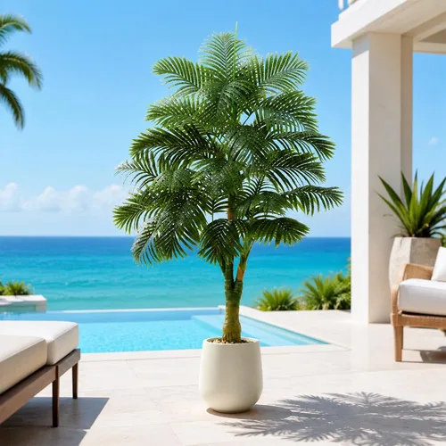 Vista 7 de Palmera artificial de caña dorada de 6 pies, plantas artificiales Planta de palma de seda sintética en maceta blanca, árboles artificiales altos