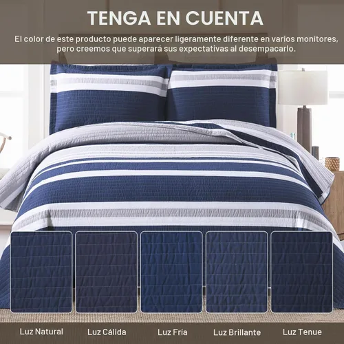 Vista 7 de SahSahCasa Juego de edredón tamaño Queen, juego de edredón 100% algodón, edredón a rayas azul marino, juego de ropa de cama acolchado tamaño Queen
