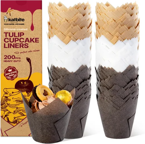 Vista 12 de Forros para magdalenas de tulipán Katbite 200 unidades, tazas para hornear magdalenas ProSmooth color marrón