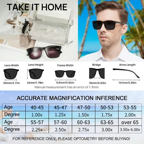 Vista 5 de Gafas de sol de lectura para hombre, 1.0, cuadrados, grandes, 100, 125, 150, 175, 200, 225, 250, 275, 300, 350, 400, bisagras de resorte (negro 1.00)