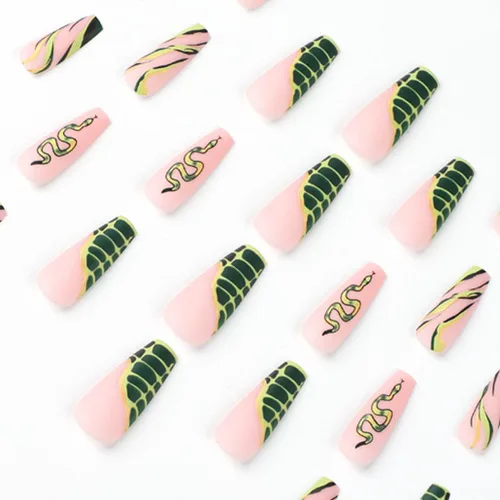 Vista 4 de Foccna Uñas postizas largas verdes con forma de ataúd a presión en serpiente, uñas postizas francesas brillantes para uso diario, uñas artificiales
