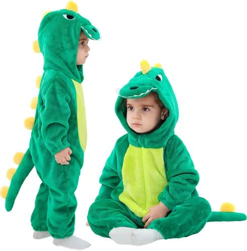 Vista 8 de LOLANTA Disfraz de dinosaurio para niños pequeños, unisex, de franela con capucha, mameluco de disfraz