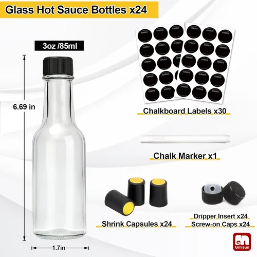 Vista 2 de gmisun - Mini botellas de salsa picante de 3 onzas, paquete de 24 botellas de jengibre con cápsulas retráctiles, mini botella de vino de vidrio