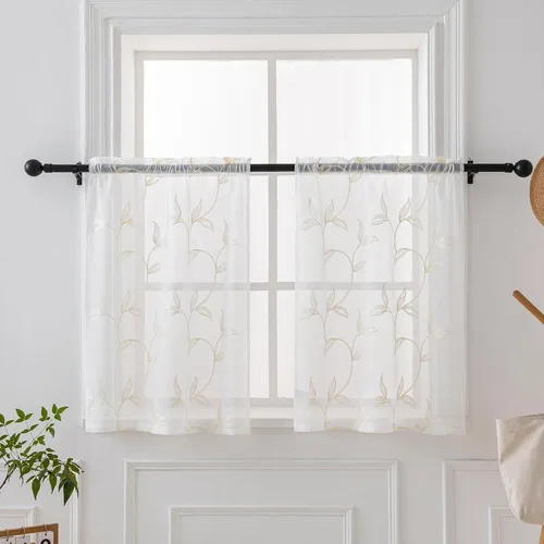 Vista 37 de VISIONTEX 2 paneles de cortinas traslúcidas de 63 in de largo, cortinas de gasa semitransparentes bordadas con hojas florales beige, bolsillo