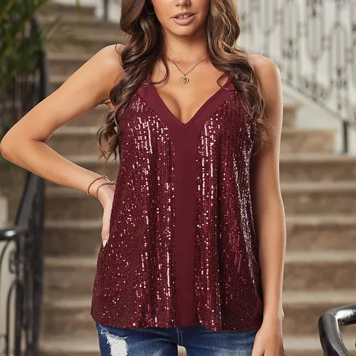 Vista 4 de Camiseta sin mangas con purpurina brillante para mujer, camiseta corta con lentejuelas para mujer, chaleco brillante sin mangas, camiseta