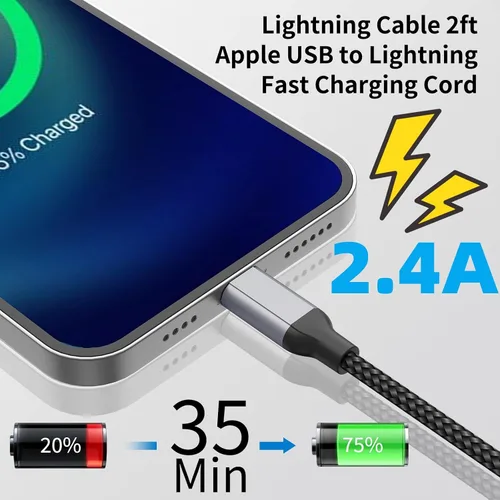 Vista 4 de Cable de carga para iPhone de 2 pies, paquete de 2 cables USB a Lightning [certificado MFi] de 2 pies para automóvil, cable corto trenzado de carga