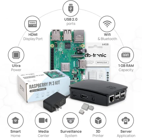 Vista 3 de Raspberry Pi3 B+ Kit de inicio de 1 GB Edición de 64 GB Fuente de alimentación Caja Oficial Cable Micro HDMI 4K de 3.3 ft Disipador