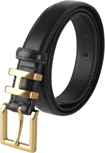 Vista 371 de Cinturón de cuero clásico con hebilla de metal para mujer con vestido de jeans