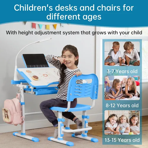 Vista 5 de SMAGREHO Juego de escritorio y silla para niños, mesas de escritura de estudio escolar para niños con altura ajustable con escritorio inclinable