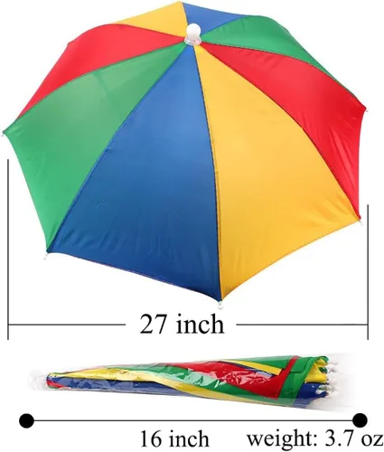 Vista 3 de Sombrero de paraguas para adultos y niños, protección contra la lluvia y el sol manos libres, diseño colorido de arco iris para pesca, senderismo