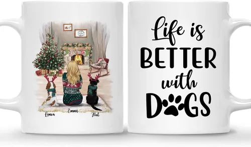 Vista 24 de Taza Personalizada de Gossby para Perros - La vida es mejor con perros (2 hombres - 2 perros) - Taza de perro personalizable para papás de perros