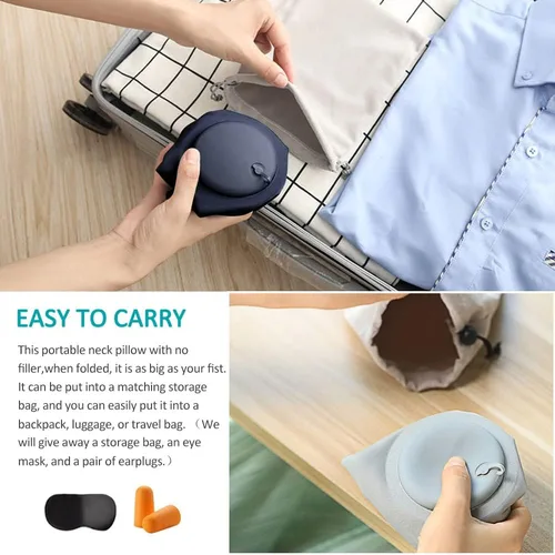 Vista 5 de 2 almohadas inflables de viaje, almohada inflable ajustable para el cuello, almohada inflable portátil en forma de U con máscara de ojos, tapón