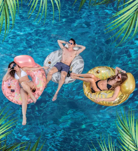 Vista 5 de POZA Tubos inflables de lujo con respaldo – Tumbona de lujo llena de confeti con brillo plateado, tubos gruesos flotadores de piscina, teléfono