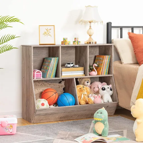 Vista 9 de HOOBRO Estantería para niños, estantería con cabecera, cubo de almacenamiento de juguetes, estantería para juguetes de niños, gabinete