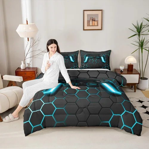 Vista 2 de Edredón de videojuegos para niños y adolescentes, juego de ropa de cama individual, juego de edredón para niños y jugadores, decoración del hogar