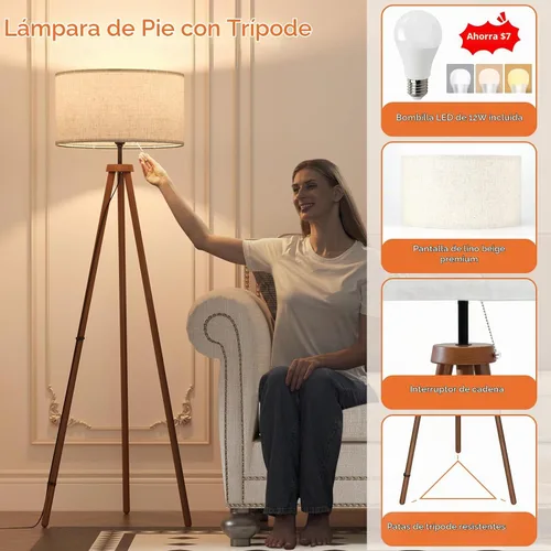 Vista 2 de LiteHistory Lámparas de pie de trípode de madera para sala de estar, dormitorio y oficina, lámpara de pie con pantalla de lino beige, bombilla