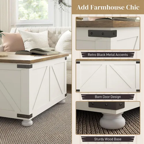 Vista 5 de HOMCOM Farmhouse - Mesa de centro cuadrada de 31.5 pulgadas con almacenamiento, color blanco antiguo