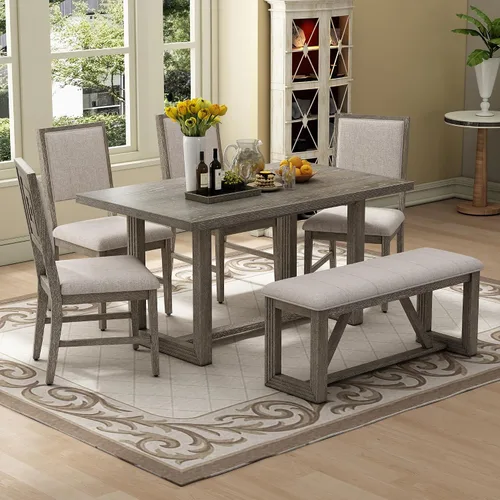 Vista 11 de Elegante juego de mesa de comedor de cocina de 6 piezas, mesa rectangular de madera y 4 sillas copetudas de respaldo alto y 1 banco, juego de mesa