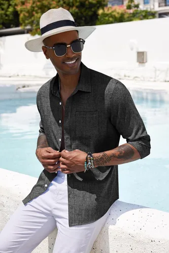 Vista 4 de COOFANDY Camisa casual con botones para hombre, camisa de cambray de lino de manga larga