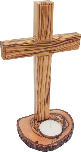 Vista 6 de Mesa de madera de olivo con cruz (8 pulgadas), cruz lisa de madera con base de portavelas