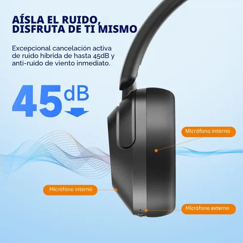 Vista 2 de EarFun Wave Pro - Auriculares inalámbricos con cancelación activa de ruido, auriculares Bluetooth sobre la oreja, sonido Hi-Res LDAC, 5 micrófonos