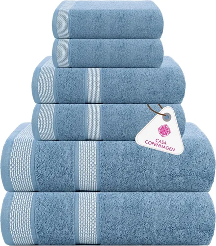 Vista 118 de CASA COPENHAGEN Exotic - Juego de 6 toallas de diseño de 100% algodón egipcio, color azul aguamarina, 550 GSM, 2 toallas de baño, 2 toallas de baño