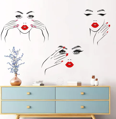 Vista 2 de Calcomanía de pared de cara sexy extraíble con ojos y labios rojos, calcomanías de pared para despegar y pegar, contorno de belleza, decoración