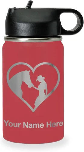 Vista 27 de LaserGram Botella de agua personalizada, corazón de vaquera de caballo, acero inoxidable de doble pared aislada al vacío con popote superior, regalo