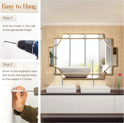 Vista 7 de Espejo de baño dorado para pared, espejo rectangular de tocador de 24 x 36 pulgadas, espejo decorativo moderno biselado pulido para entrada, sala