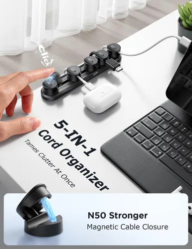 Vista 2 de Organizador magnético 5 en 1 para cables JOYROOM [pista deslizante ajustable] para debajo del escritorio, organizador de cables adhesivos