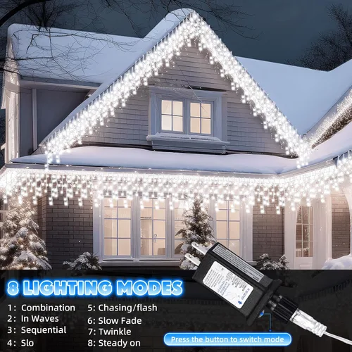 Vista 3 de Aurelema 640 luces LED de Navidad para exteriores, extra largas, 8 modos, impermeables, con 120 gotas, guirnalda de luces colgantes con control