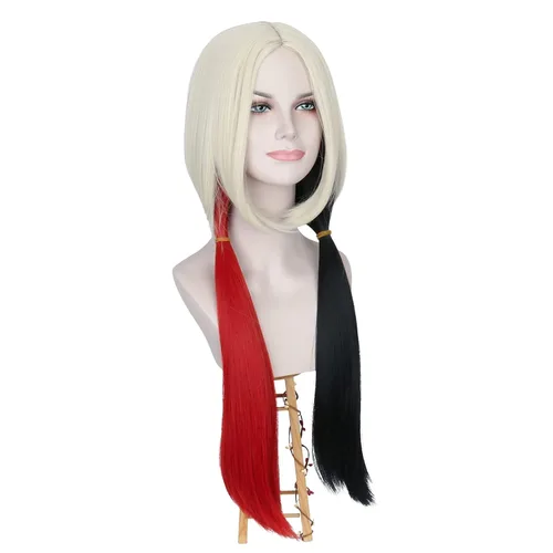 Vista 5 de M MISS U HAIR Missuhair - Peluca larga y lacia color rubio rojo y negro para mujer payaso Halloween cosplay